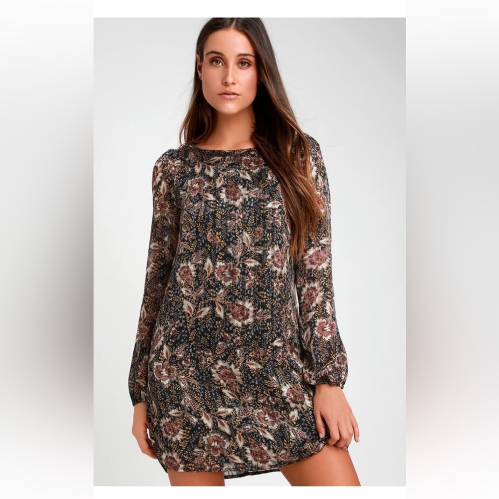 Ashford Black Floral Print Long Sleeve Shift Dress